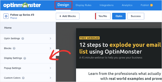 display settings in optinmonster