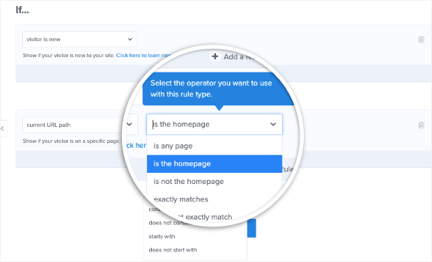 select homepage url path in optinmonster