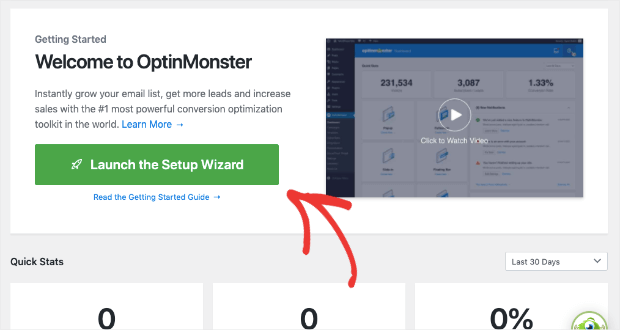 launch setup wizard to start optinmonster