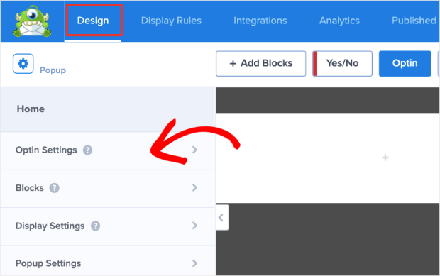 optin settings in design tab