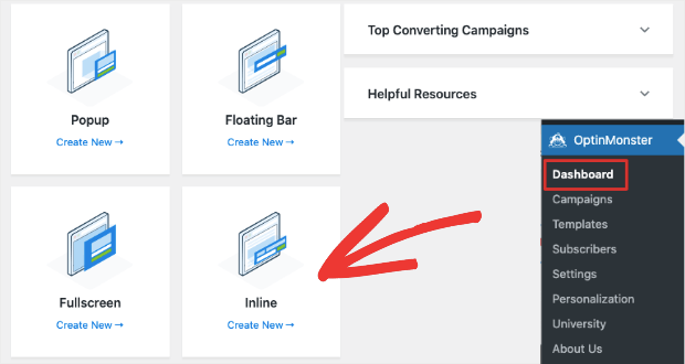 select optinmonster inline form inside wordpress