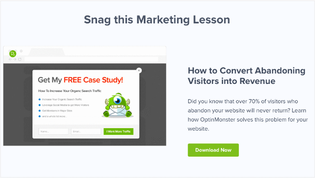 A lower part of OptinMonster's 404 page. It says "Snag this Marketing Lesson. How to Convert Abandoning Visitors into Revenue." There's more text and an animated gif. The CTA button says "Download Now" 