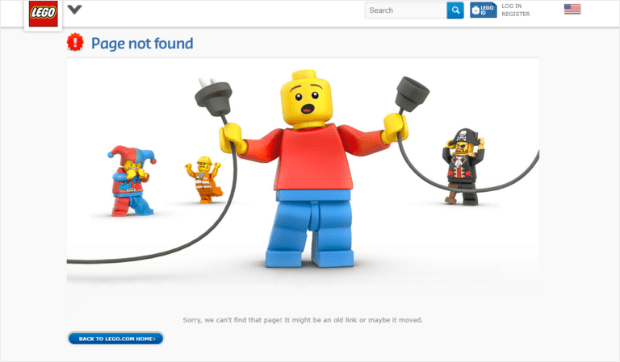 Lego funny 404 page example. It has a photo of Lego characters pulling a plug. It says "Page not found. Sorry, we can't find that page! It might be an old link or maybe it moved." CTA button says "Back to Lego.com home."