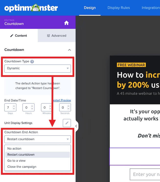 Configure the action that occurs when the countdown timer ends when creating a Dynamic countdown timer in OptinMonster.