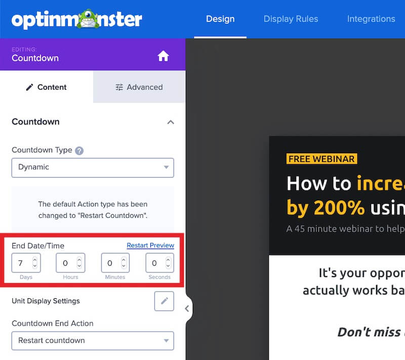 Dynamic countdown timer settings