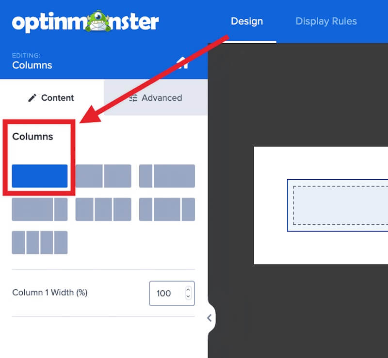 SIngle column setting in the OptinMonster campaign builder.