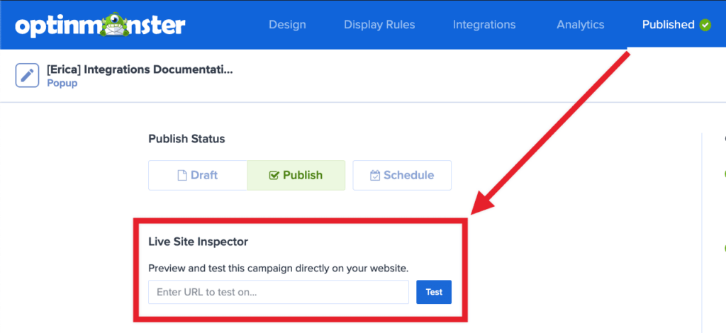 Live Site Inspector field in the OptinMonster campaign builder.