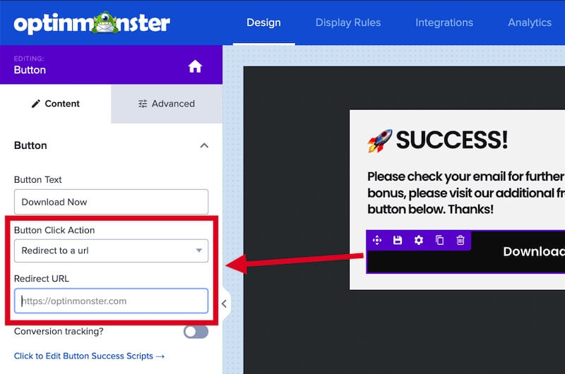 Configure the Success View button to redirect to a URL.