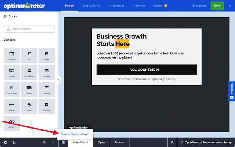 Disable the Yes/No view in OptinMonster.
