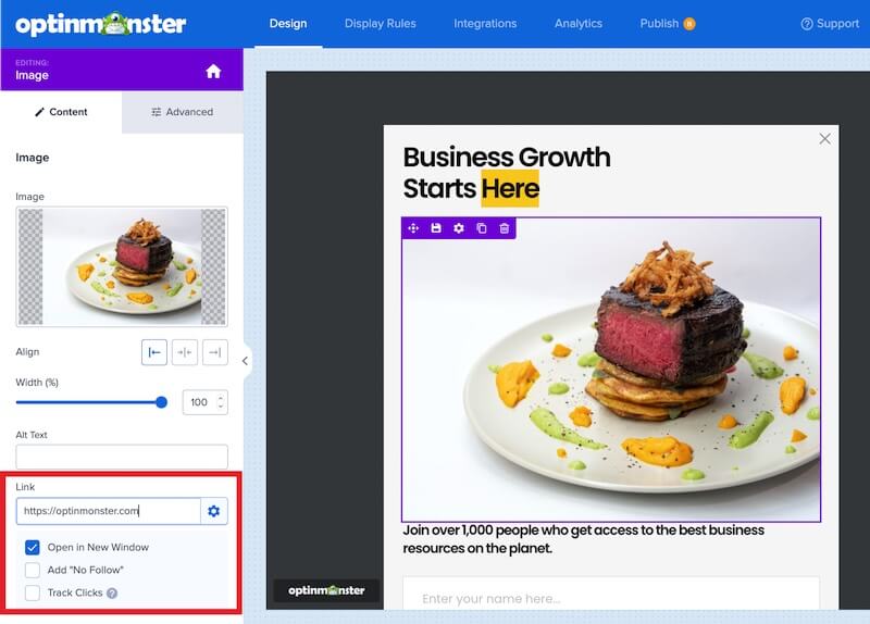 Add a link to the image in your OptinMonster campaign.