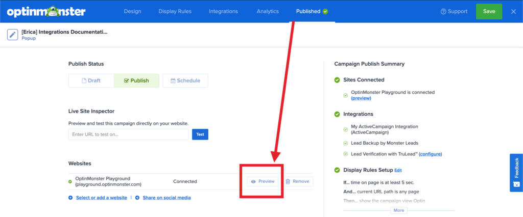 Preview your OptinMonster campaign.
