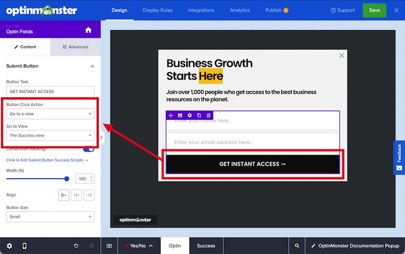 Configure the Success Action for your optin form to show the Success View.