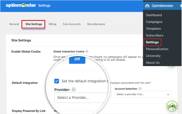 set optinmonster default integration