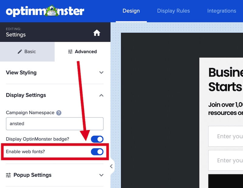 Toggle the enable web fonts option to control whether OptinMonster loads font files on your site for an individual campaign.