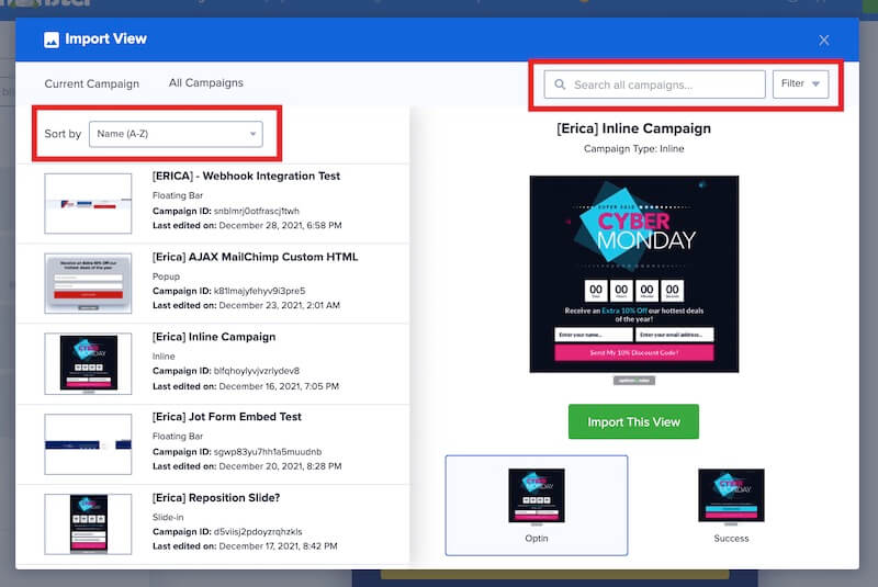 Search and Filter options help you locate the specific campaign view you want to import in OptinMonster.