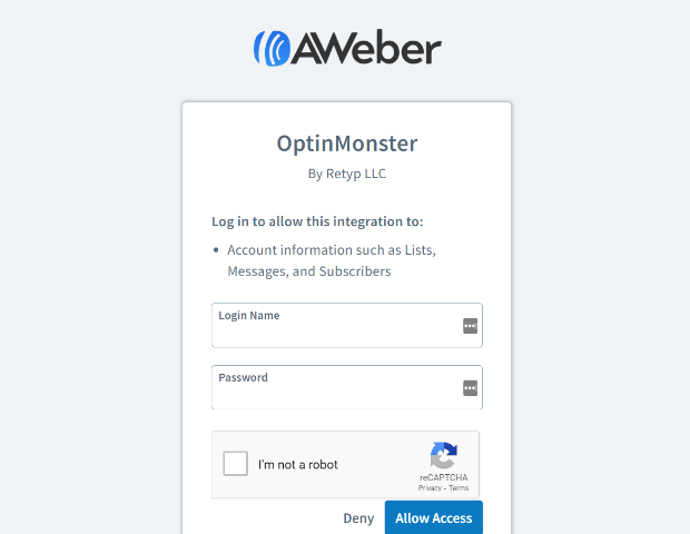 Allow OptinMonster AWeber Integration