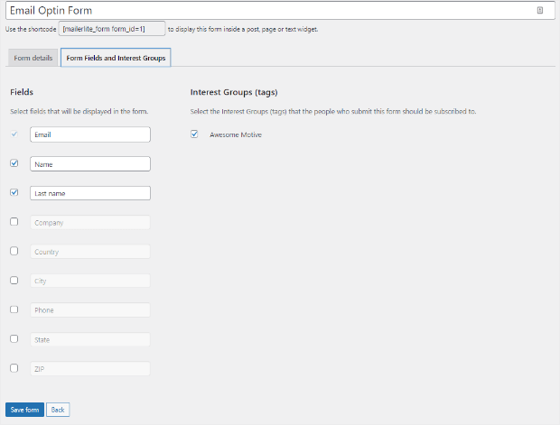 MailerLite Form Fields