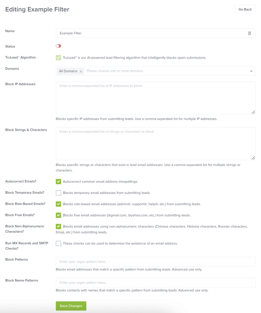 Lead Verification filter configuration screen in OptinMonster.