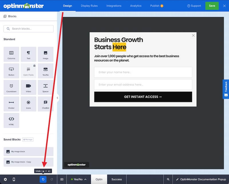 Undo button in the OptinMonster campaign builder.