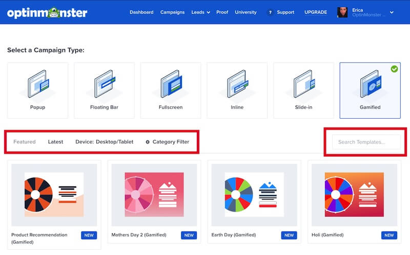 Filter and search available Gamified campaign templates in OptinMonster.