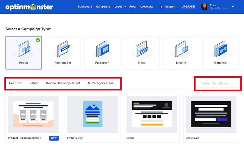 Filter and search Popup campaign templates in OptinMonster.