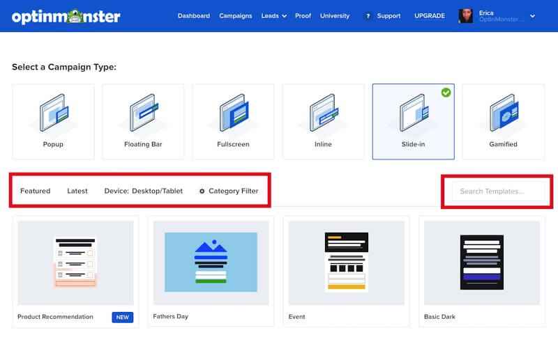 Filter and search Slide-in campaign templates.