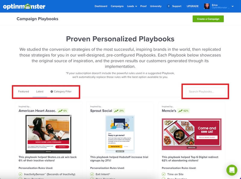 Search, sort, or filter available Playbooks in OptinMonster when creating a new campaign.