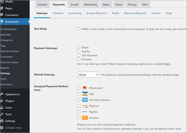 Easy Digital Downloads payment gateway selection