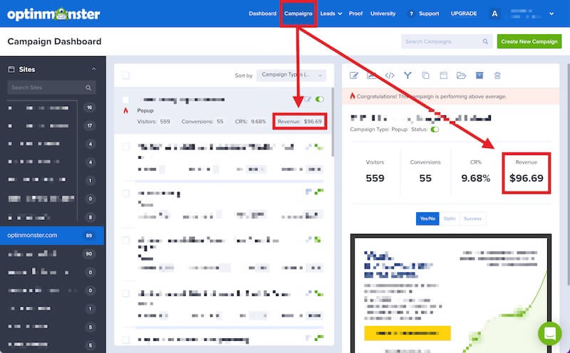 Revenue Attribution summary in the Campaigns screen of OptinMonster.