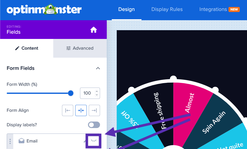 Hide the email field in OptinMonster.