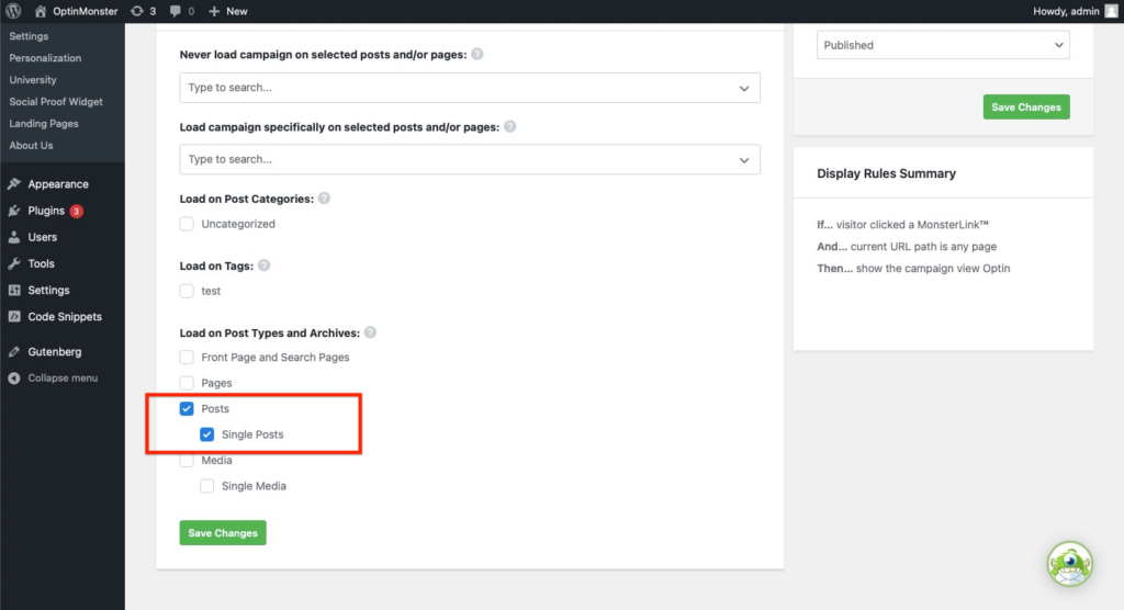 Single Posts targeting in the Output Settings of the OptinMonster WordPress plugin