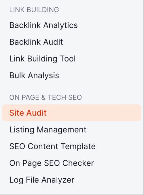 Site Audit - Left Sidebar Menu in SEMRush