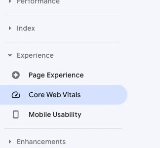 Google Search Console Core Web Vitals - Left Sidebar Menu