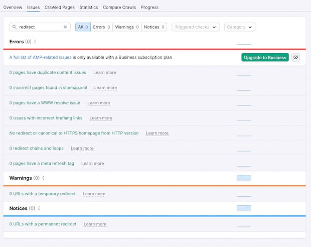  Issues Search in SEMRush | Redirect