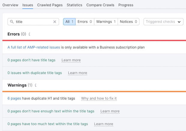 Issues Search in SEMRush | Meta Titles