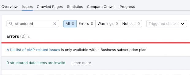 Issues Search in SEMRush | Structured Data
