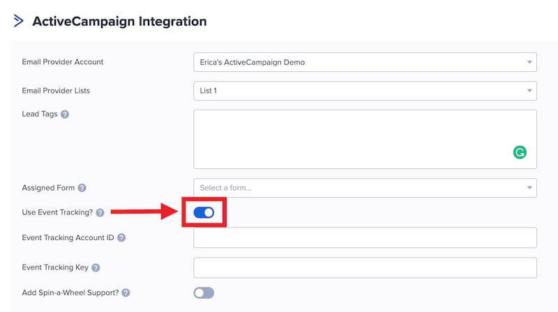 Enable Event Tracking for ActiveCampaign in OptinMonster.