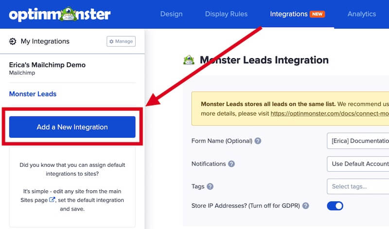 Add new integration in OptinMonster.