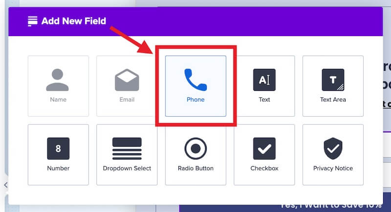 Select the Phone field in OptinMonster.
