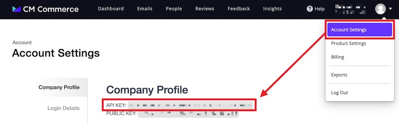 Copy your CM Commerce API Key from the Account Settings page.