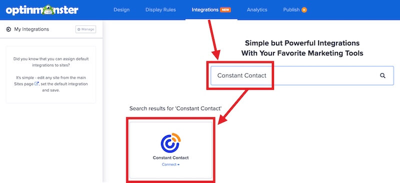 Select the Constant Contact integration in OptinMonster.