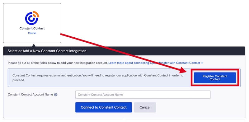 Register Constant Contact with OptinMonster.