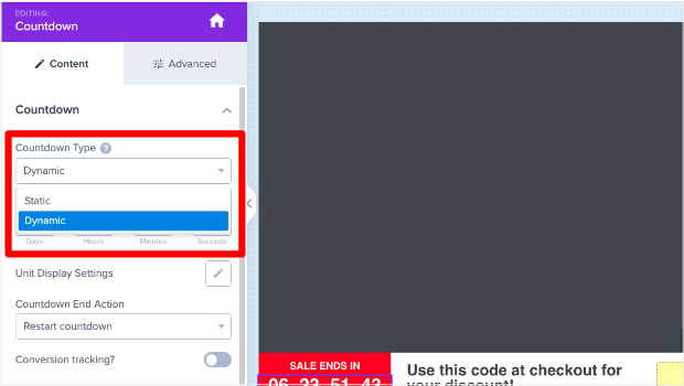 The countdown editor includes a "Countdown Type" dropdown menu that includes "Static" and "Dynamic"
