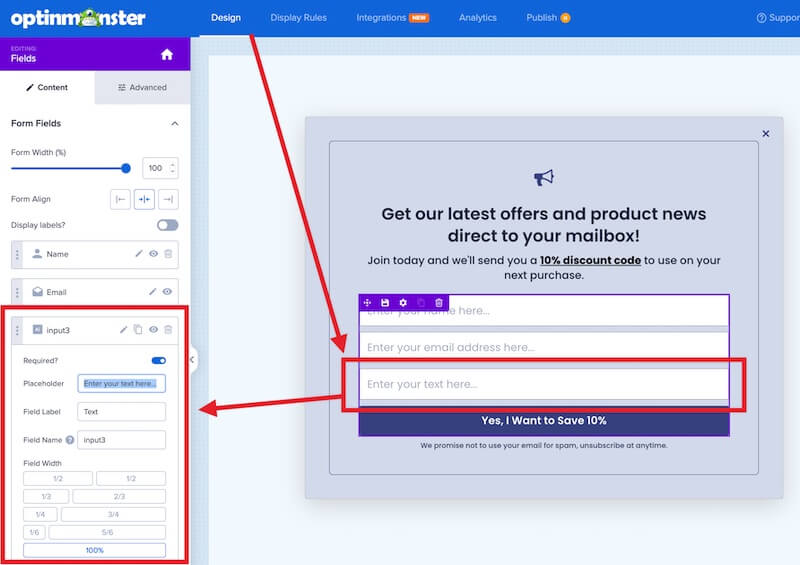 Optin form configuration options in the OptinMonster campaign builder.