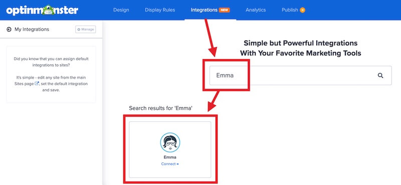 Select Emma to integrate with OptinMonster.