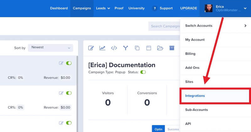 Navigate to the Integrations page for your OptinMonster account.