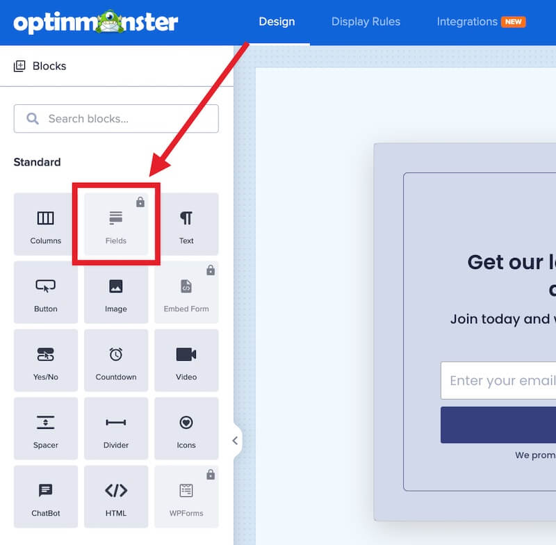 A locked Fields block indicates the campaign already contains a Field block in one of the design views.