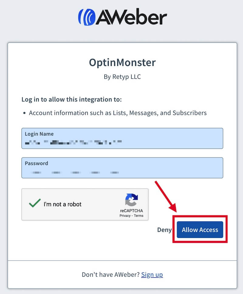 Login to AWeber and grant access for OptinMonster.