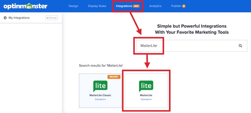 Select MailerLite to integrate with OptinMonster.