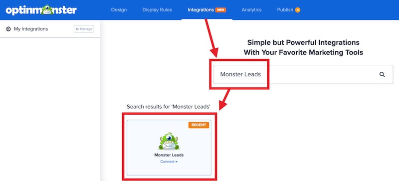 Select Monster Leads to integrate with OptinMonster.